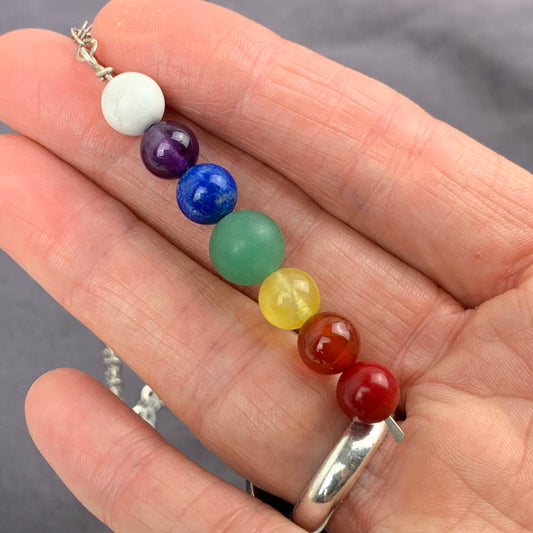 Chakra necklace - gemstone beads - lariat style - silver chain - pride jewelry - chakra/rainbow colors