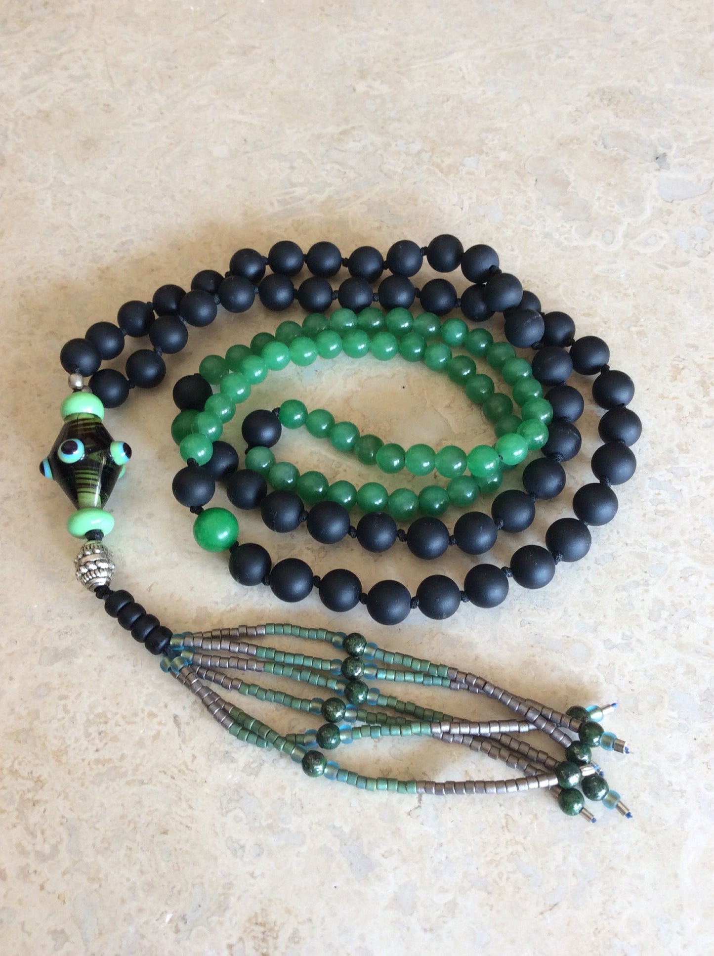 Japa mala bead necklace - gemstone prayer beads with beaded tassel - statement necklace for yoga lover - green and black mala necklace