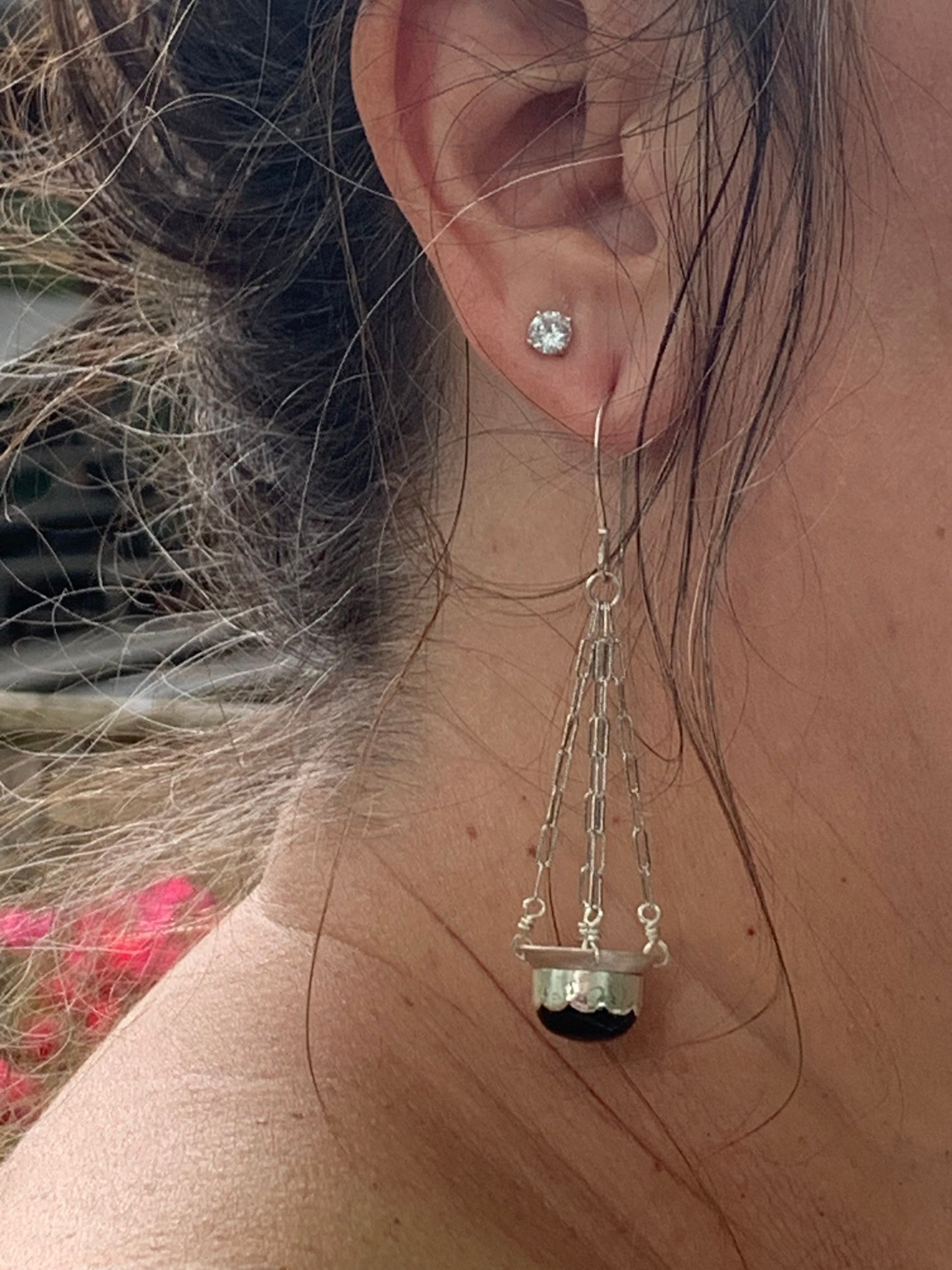 Black onyx and sterling chandelier earrings - unique boho design- heirloom jewelry - handmade gemstone earrings for women - fun earrings