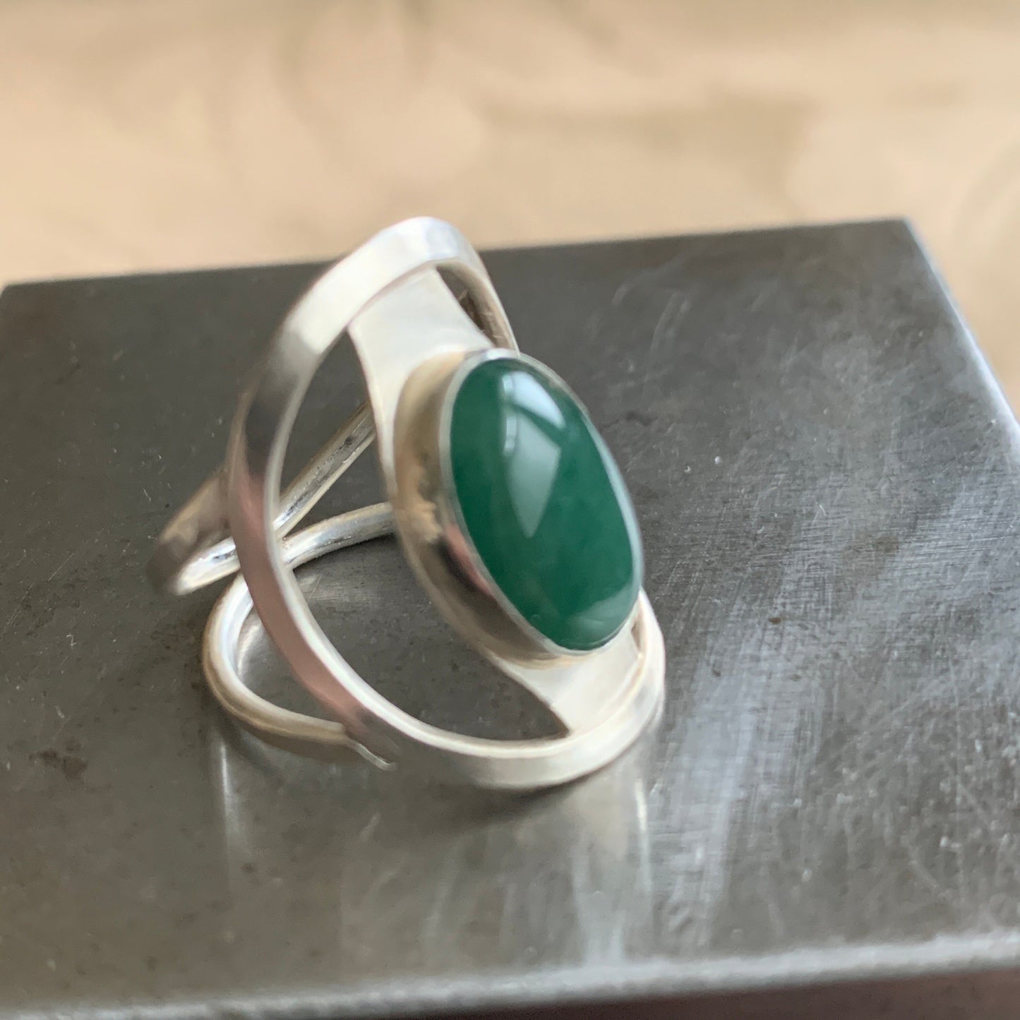 Ring, saddle ring in sterling silver, green gemstone jewelry, handmade silver ring