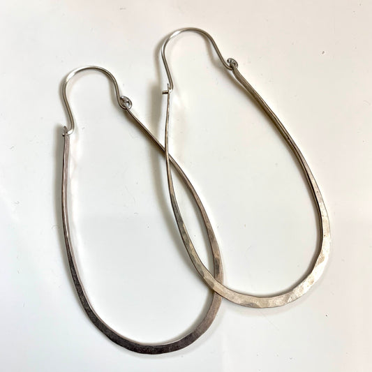 Silver hoops - elongated hoop earrings - forged silver - organic shape - casual, rustic - boho style - everyday earrings for women
