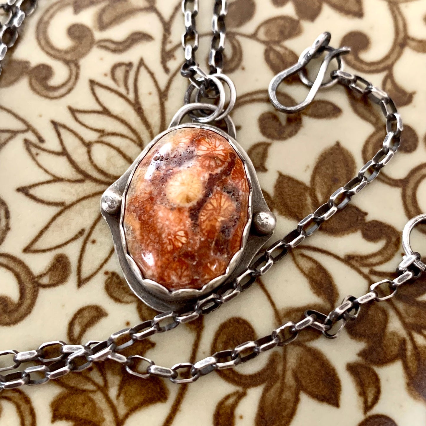 Fossil coral stone pendant necklace - single strand boho chain - unique jewelry for women - one of a kind coral necklace - fossilized gem