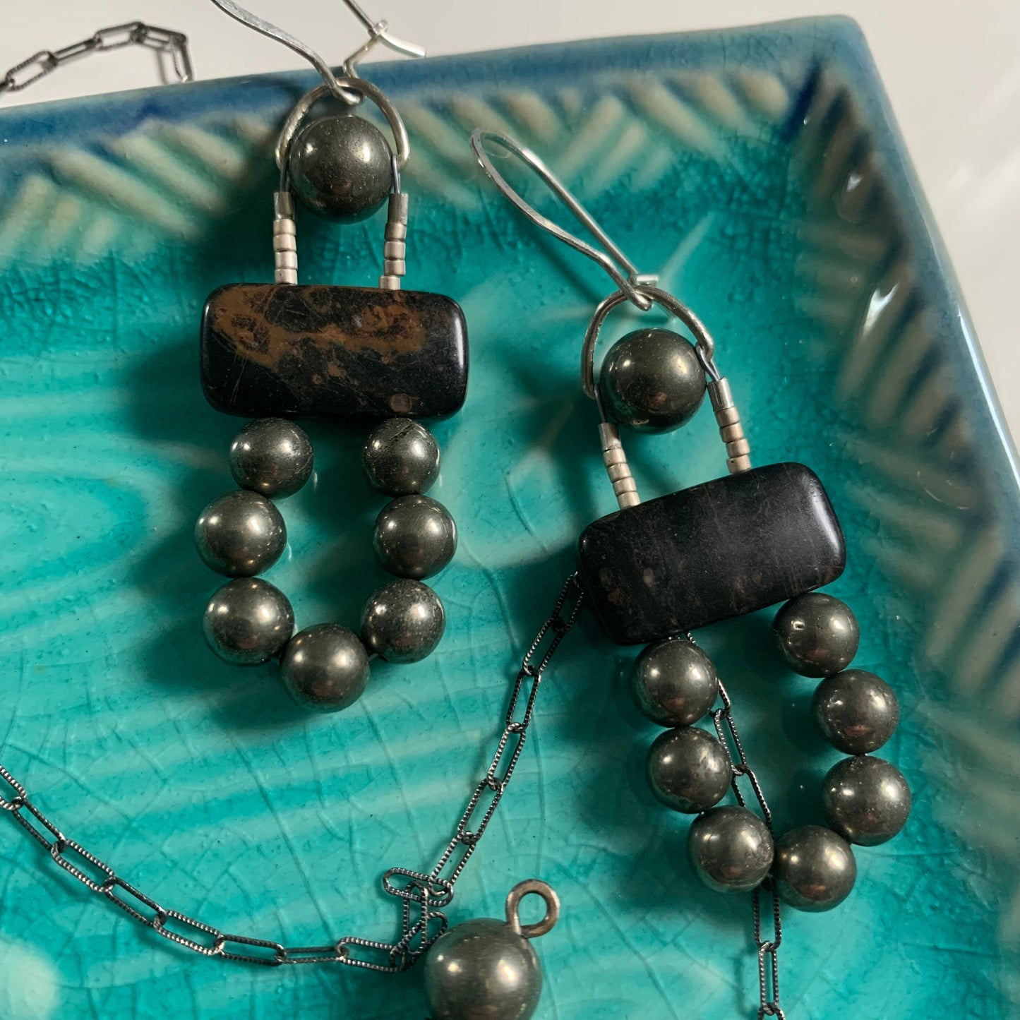 Beaded dangle earrings - pyrite bead earrings - silver and beadwork jewelry - healing gemstone - boho fashion - rustic earthy style