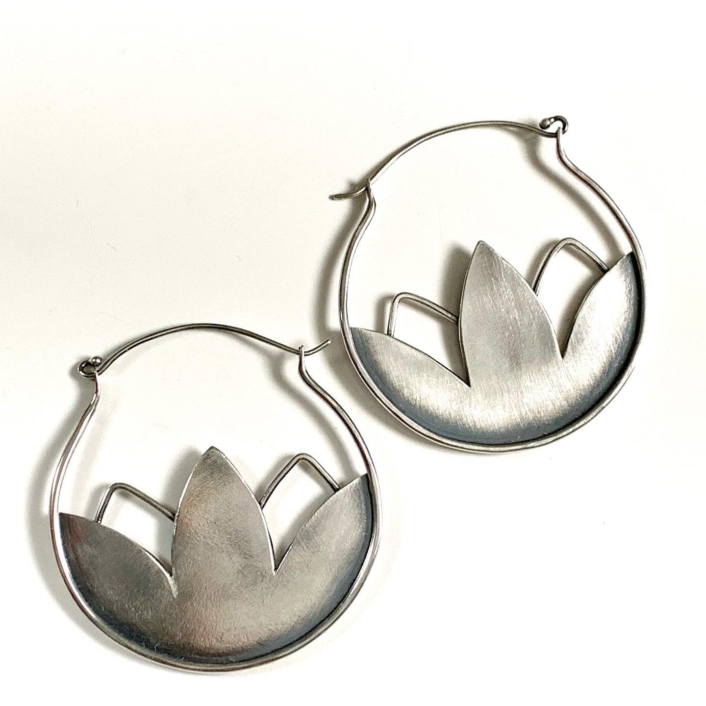 Big silver hoops with lotus flower, statement jewelry in sterling with –