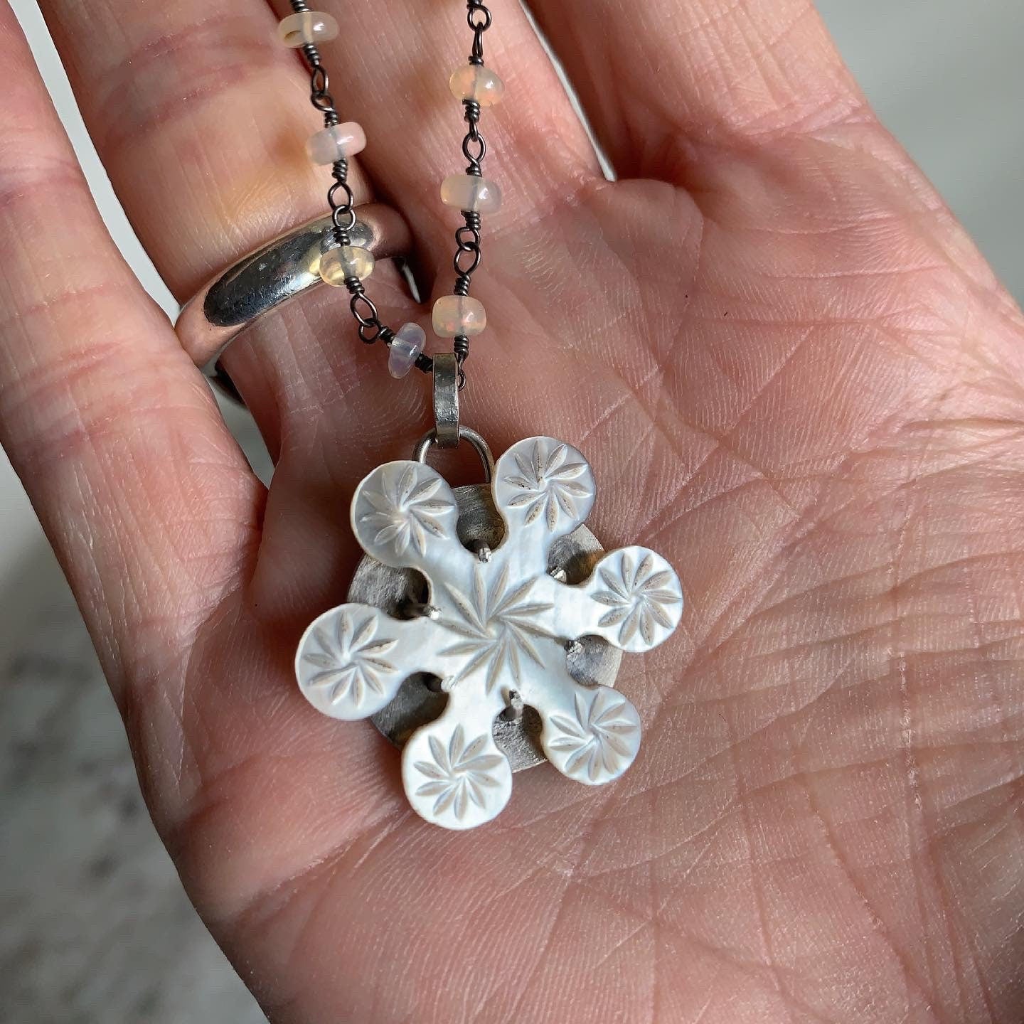 Mother of pearl flower pendant necklace - feminine statement necklace with an opal bead chain - spring jewelry - womens boho floral