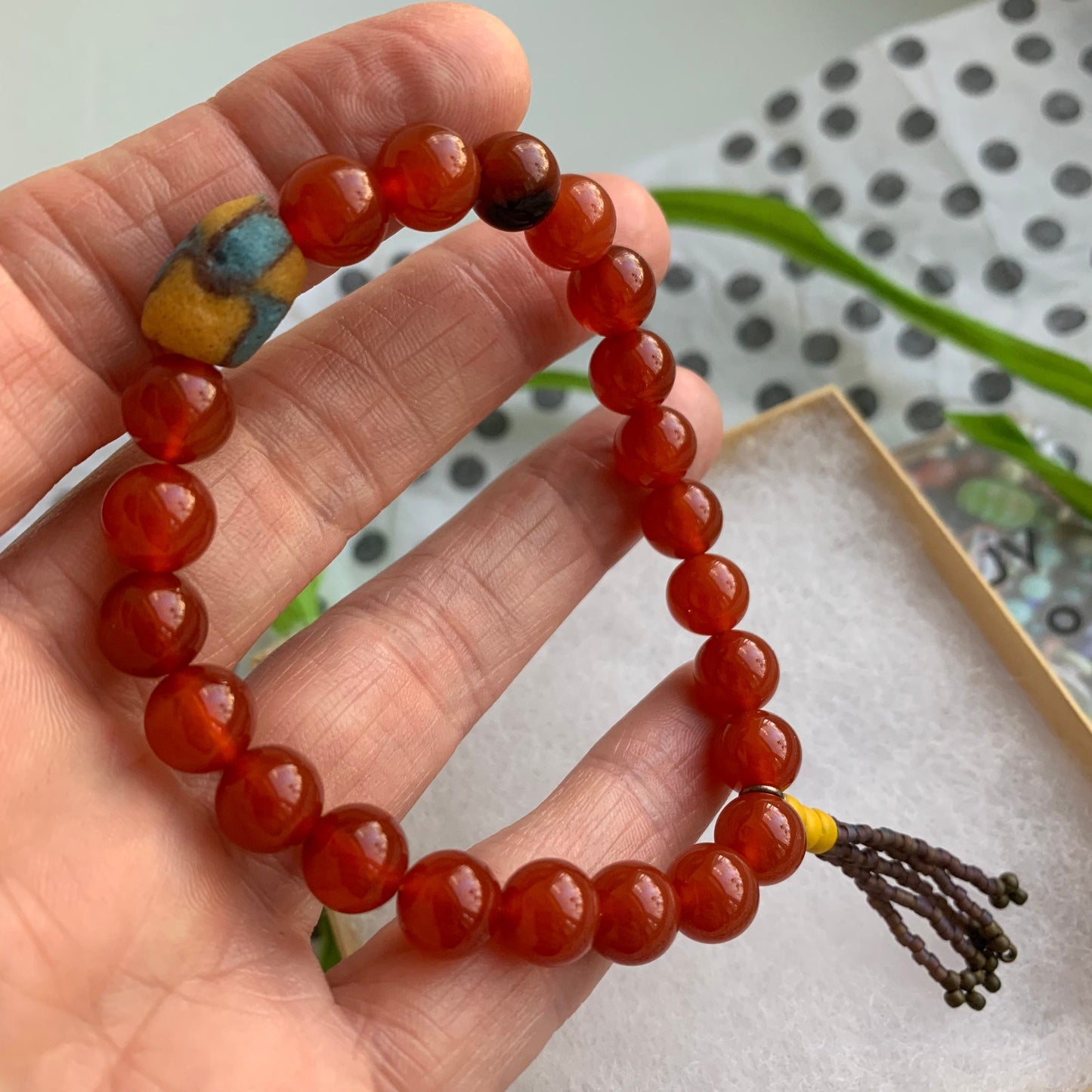 Carnelian bracelet - stretchy mala bracelet with tassel - boho jewelry for women - handmade beaded jewelry - gifts for yoga moms