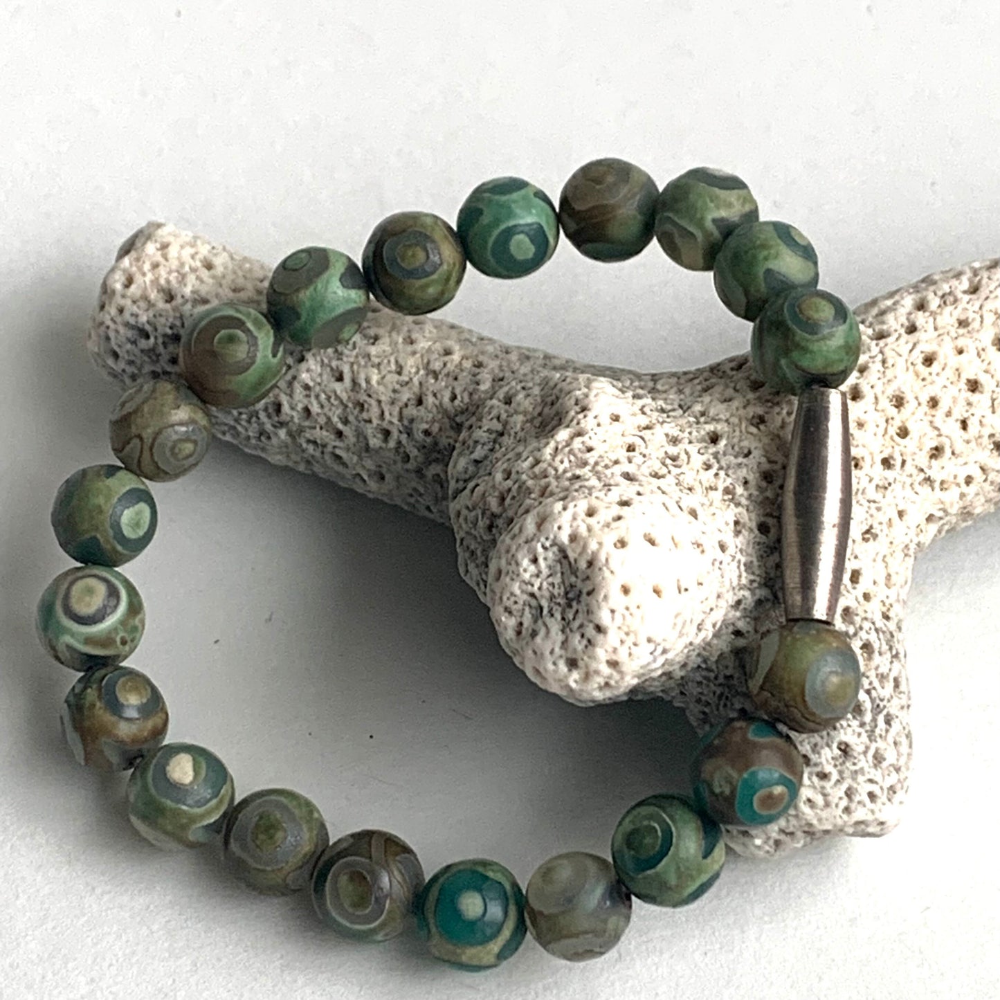 Jasper bracelet - beaded stretchy bracelet in greens and silver - yoga jewelry - mala meditation - spiritual accessory - gifts for yogis