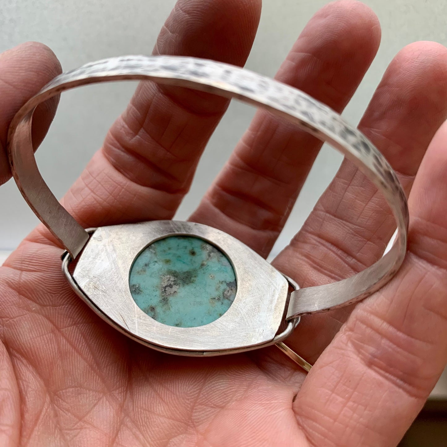 Turquoise colored feldspar stone cuff bracelet with a link closure - stone and silver power bracelet - one of a kind - handmade - statement piece for women