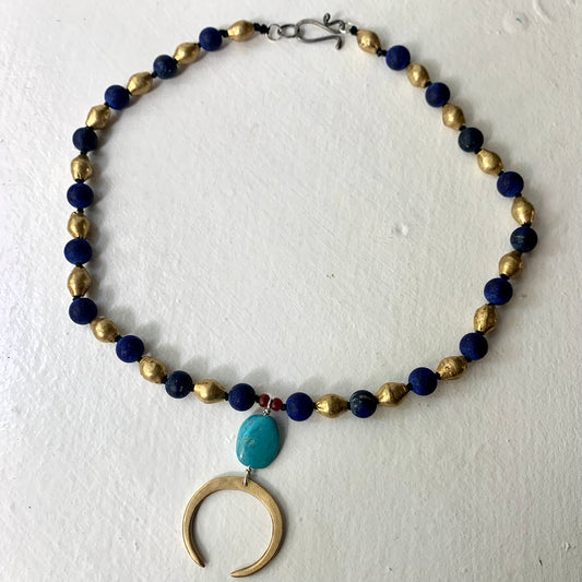 Lapis and brass beaded necklace