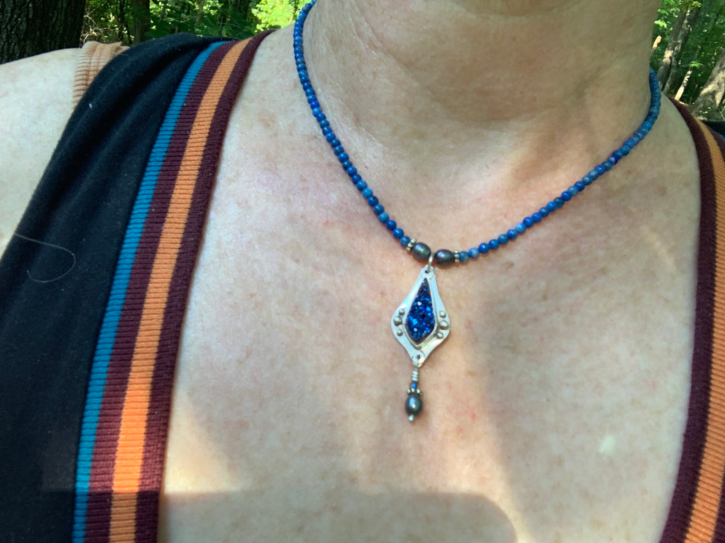 Druzy pendant necklace with denim lapis strand