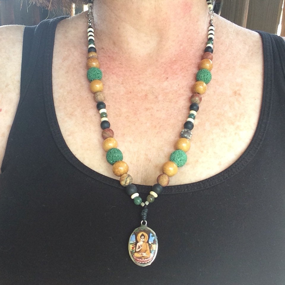 Charm necklace - beaded choker with Buddha charm - boho jewelry set - spiritual statement necklace and bracelet - meditation yoga lifestyle