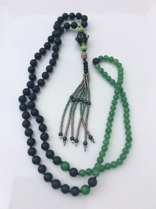 Japa mala bead necklace - gemstone prayer beads with beaded tassel - statement necklace for yoga lover - green and black mala necklace