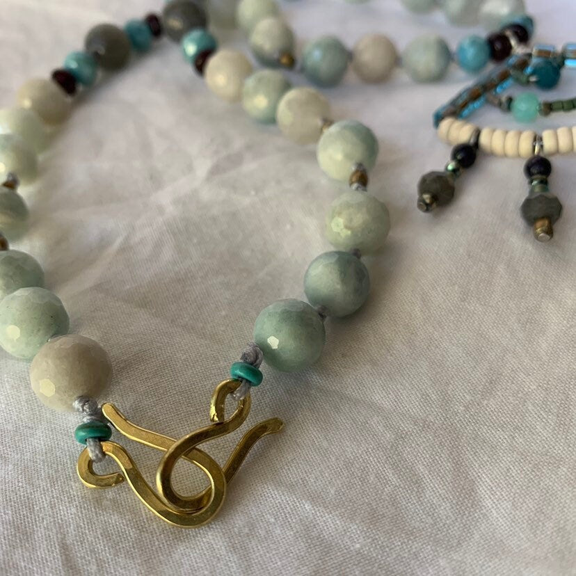 ornate beaded pendant necklace with aquamarine, labradorite and garnet