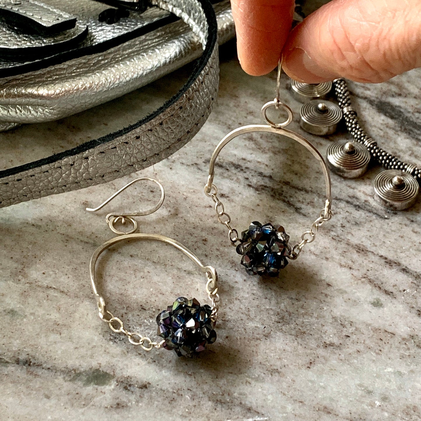 Sterling silver chandelier earrings with Swarovski crystals - Boho chic jewelry for women - unique, handmade, earthy design in silver.