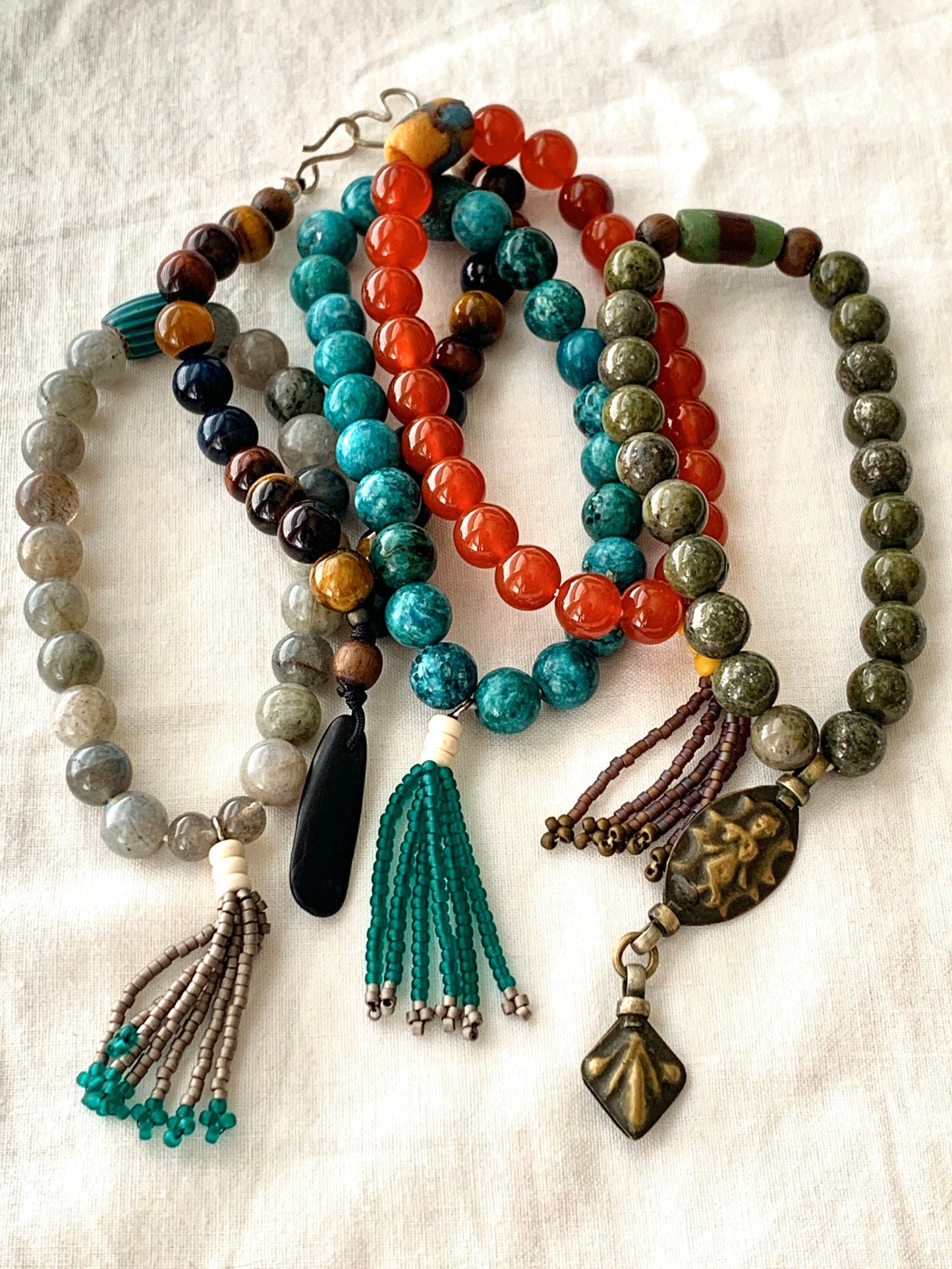 Chrysocolla bead bracelet with beaded tassel and African trade bead.