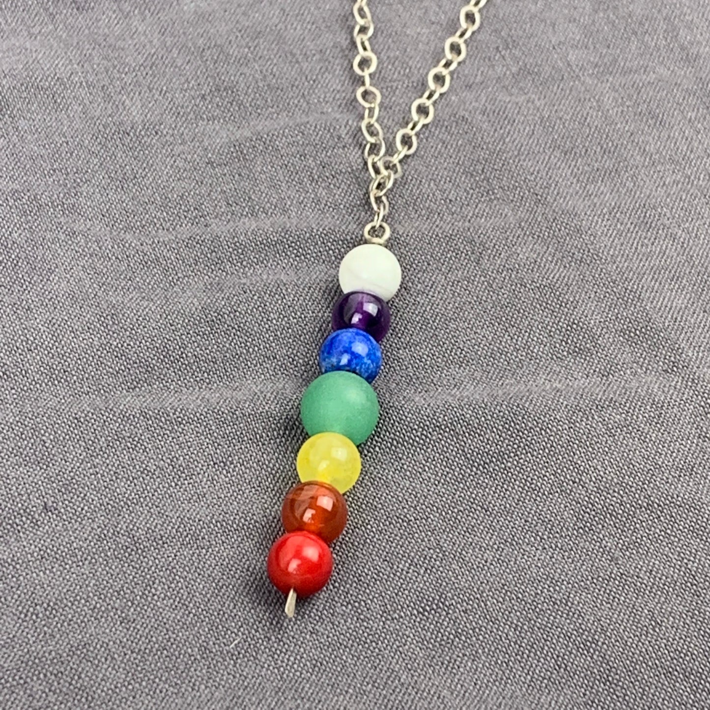 Chakra necklace - gemstone beads - lariat style - silver chain - pride jewelry - chakra/rainbow colors
