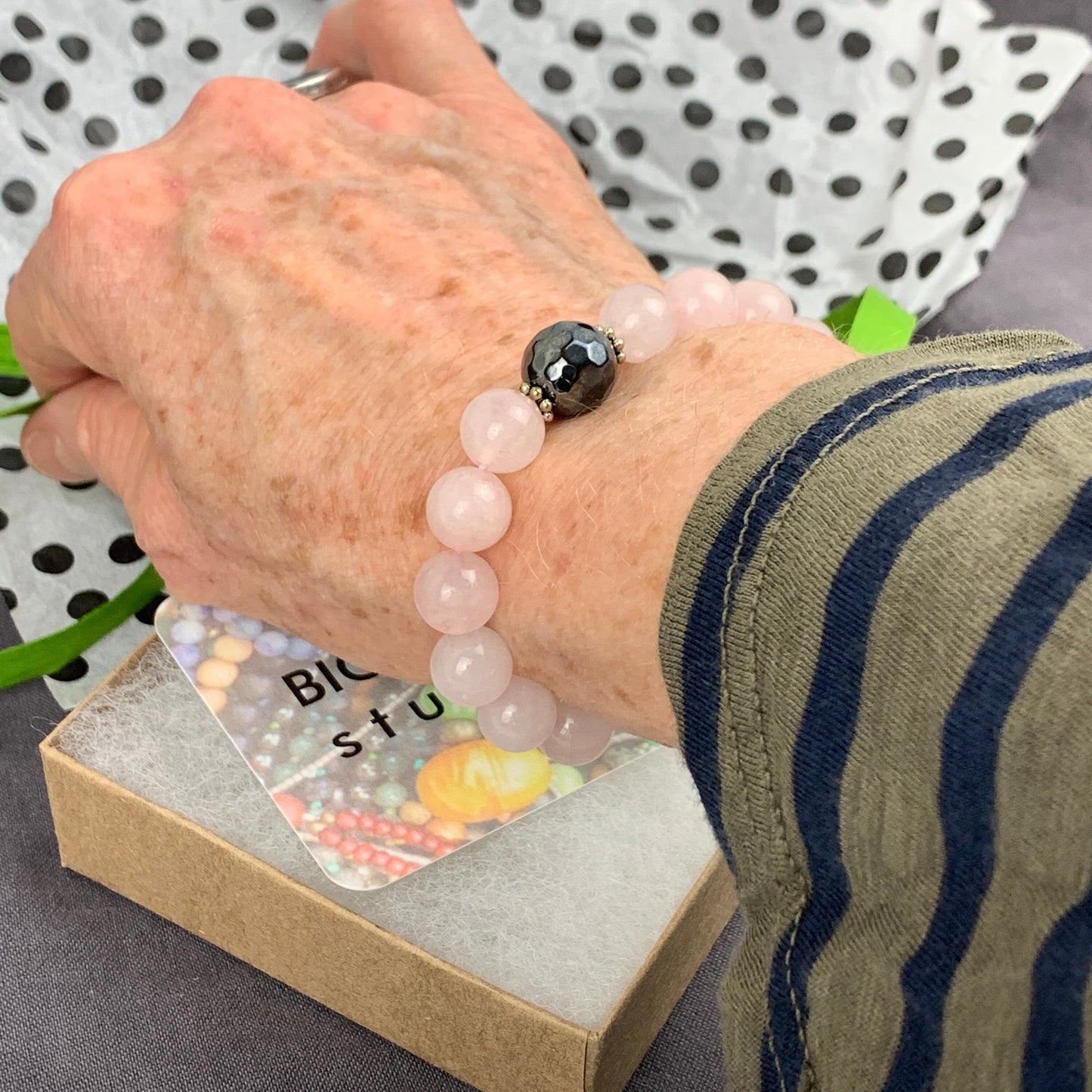 Rose quartz bracelet - gemstone beaded stretchy bracelet - pink rose quartz - hematite - boho bracelet for women - earthy, handmade jewelry
