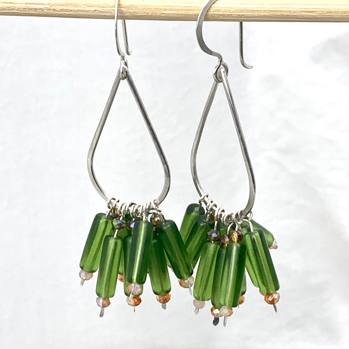 Sterling and green glass bead dangle earrings