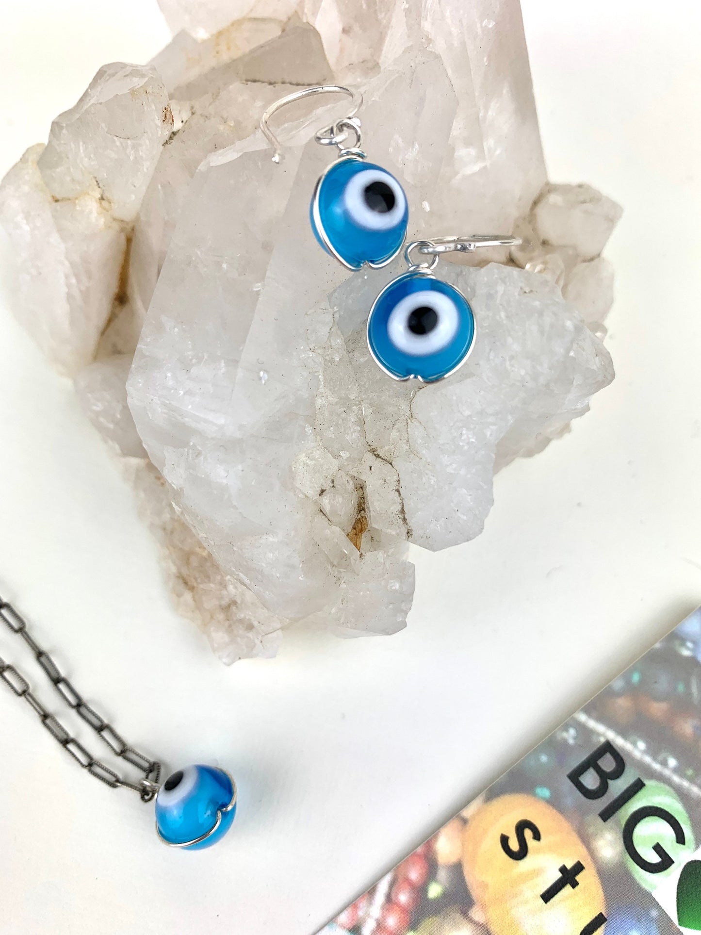 Evil eye charm necklace and earrings set - protection talisman - glass bead jewelry - blue beads - boho necklace for layering