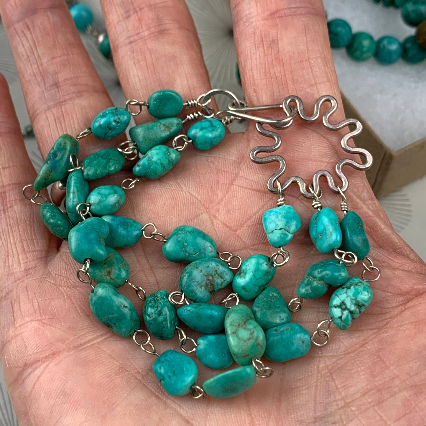 Turquoise statement bracelet - Multi strand turquoise beads - Boho gemstone jewelry for her - yoga - chakra balance