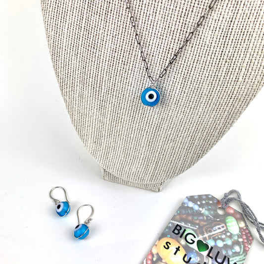 Evil eye charm necklace and earrings set - protection talisman - glass bead jewelry - blue beads - boho necklace for layering