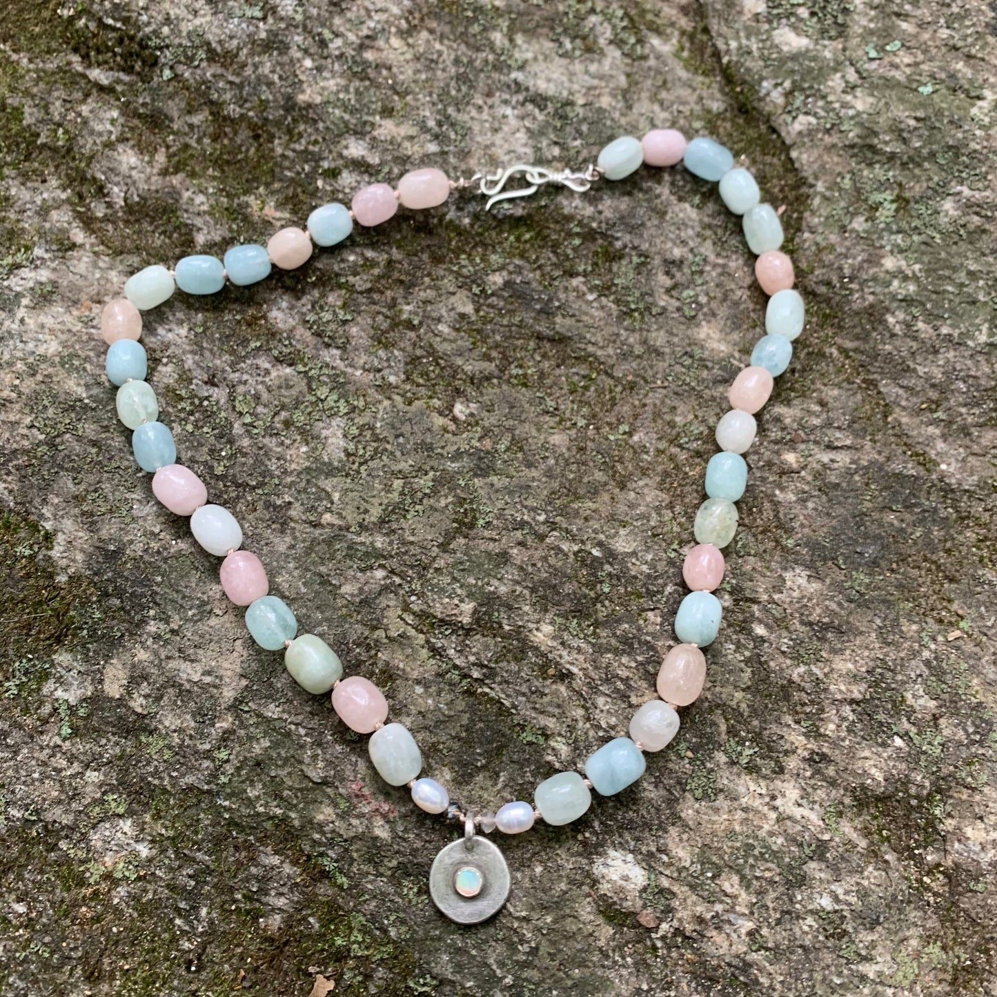 Colorful statement necklace- opal pendant and morganite beads- short choker length - pastel colored gemstone beads - bold feminine jewelry