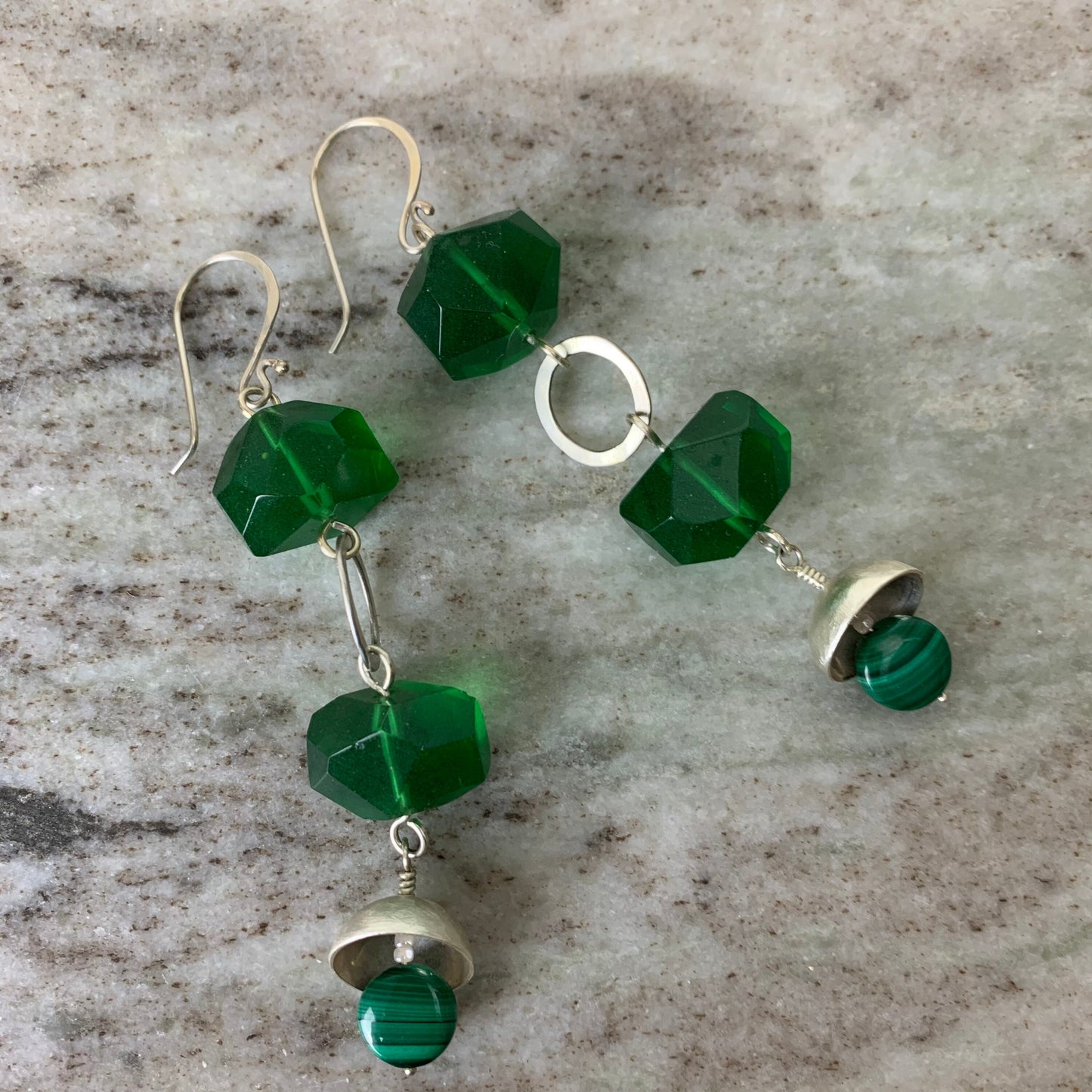Green glass bead earrings - dangle earrings with malachite and sterling -statement earrings for women - handmade original design with silver