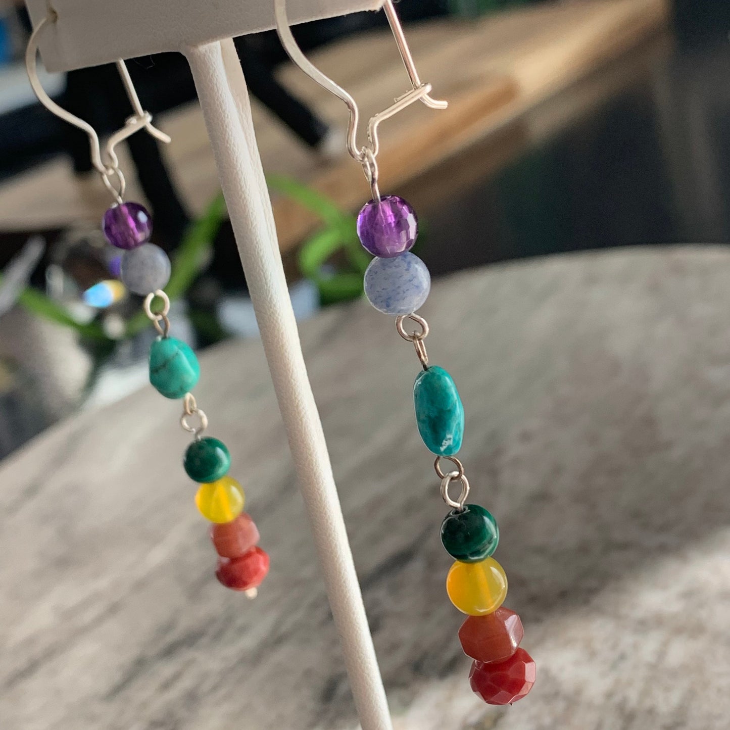 Rainbow chakra earrings - gemstone beaded dangle earrings with sterling ear wires - amethyst, malachite, turquoise - handmade jewelry