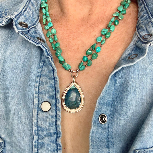 Turquoise statement pendant necklace- shattukite stone pendant- turquoise bead linked chain- turquoise nugget beads- throat chakra