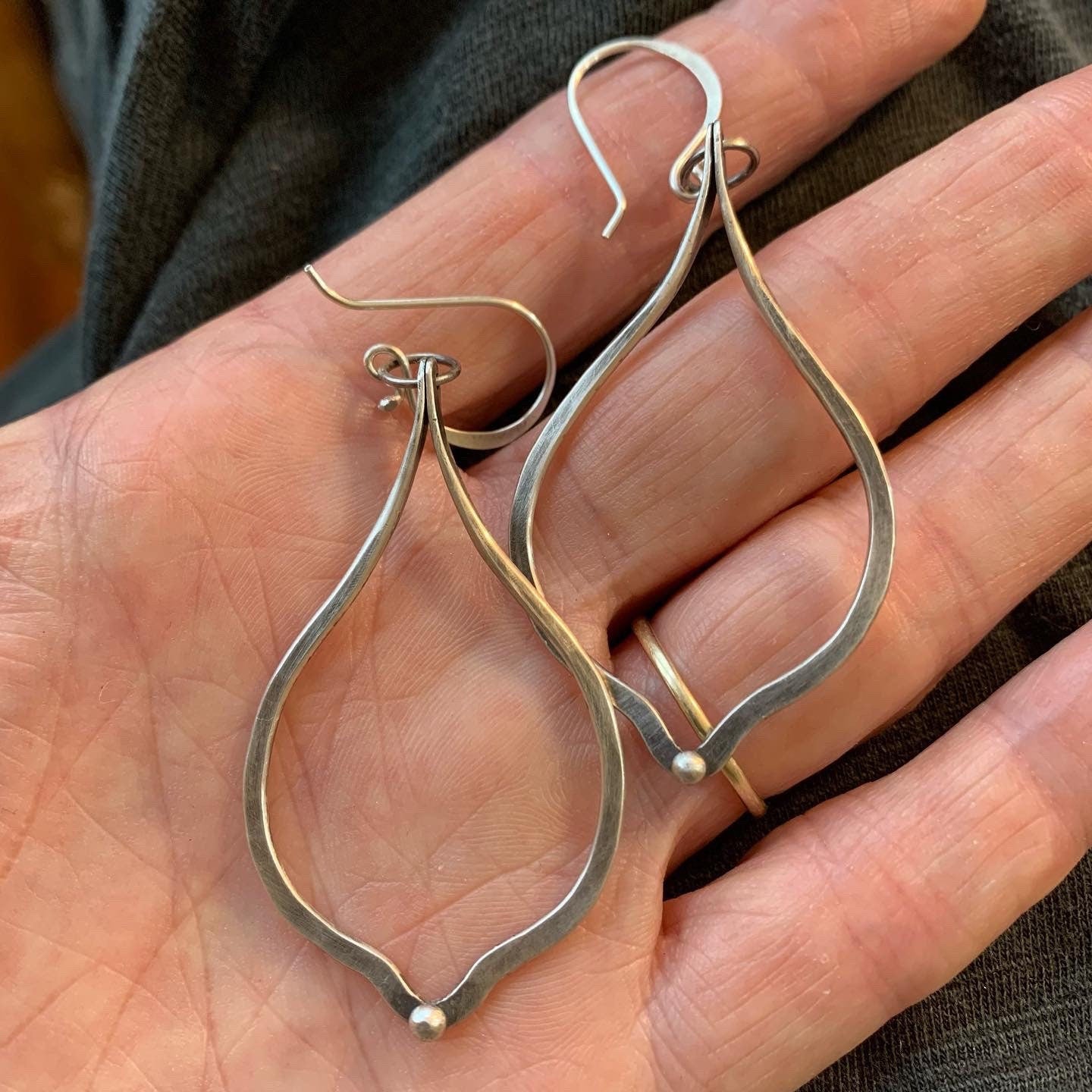 Sterling earring - long hoop - leaf shape - tribal inspired jewelry - jewelry for goddesses - earrings with organic shape - forged metal