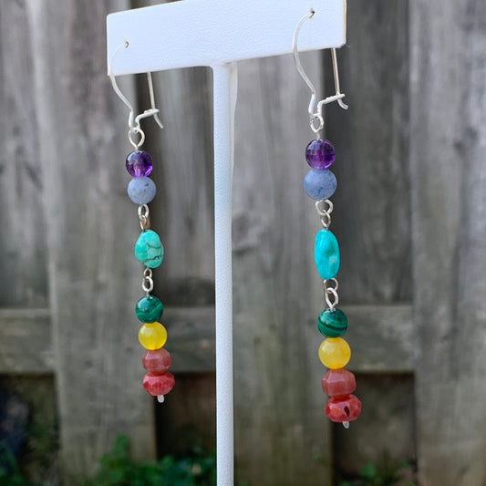 Rainbow chakra earrings - gemstone beaded dangle earrings with sterling ear wires - amethyst, malachite, turquoise - handmade jewelry