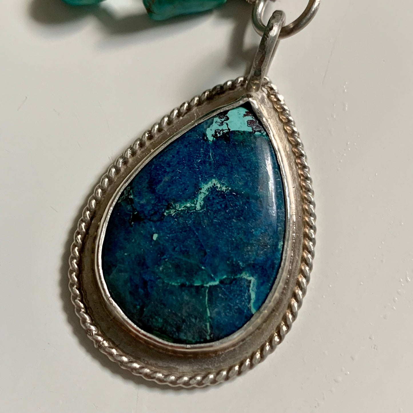 Turquoise statement pendant necklace- shattukite stone pendant- turquoise bead linked chain- turquoise nugget beads- throat chakra