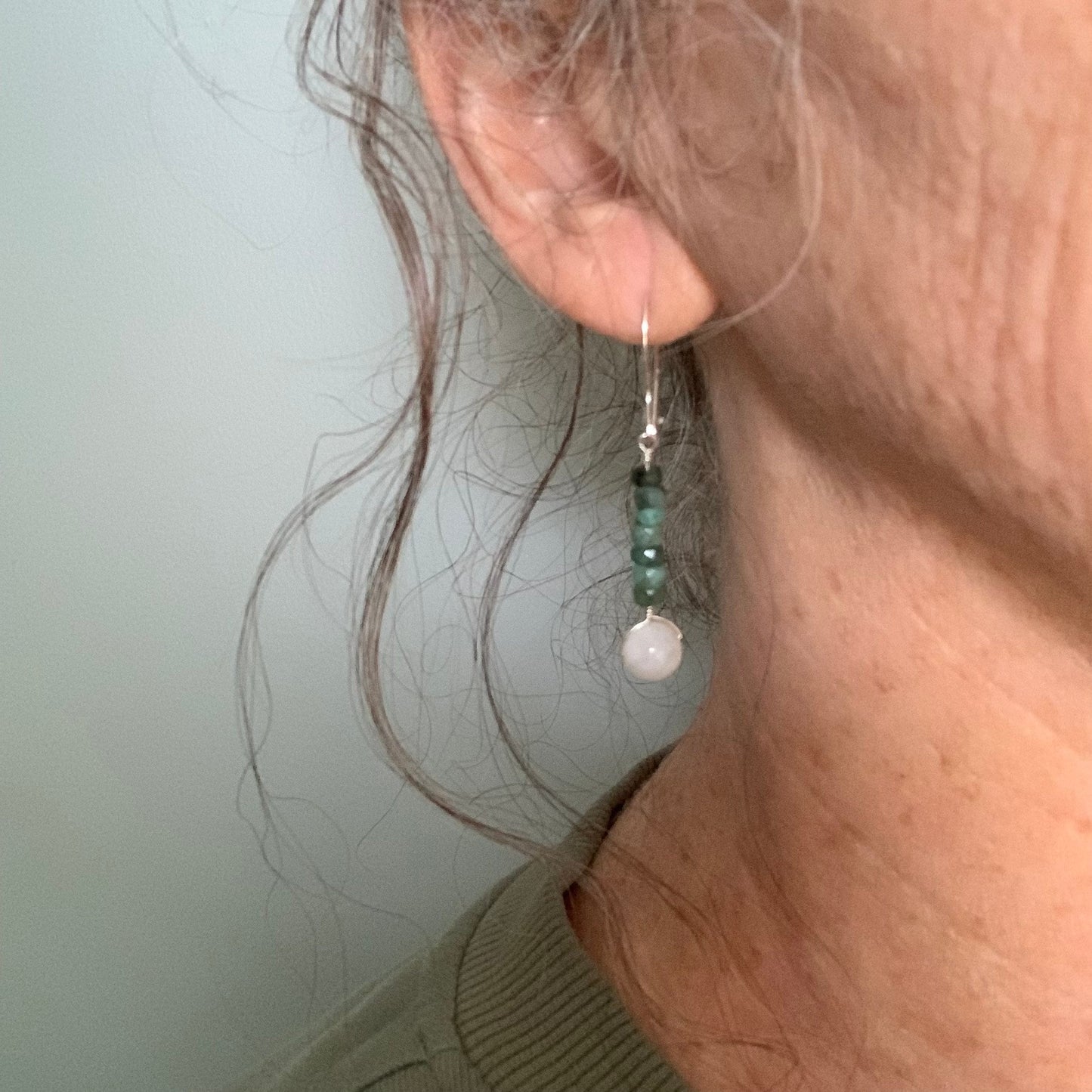 Emerald and rainbow moonstone beaded earrings - handmade earrings - May birthstone - silver and gemstone jewelry - raw emerald - green beads