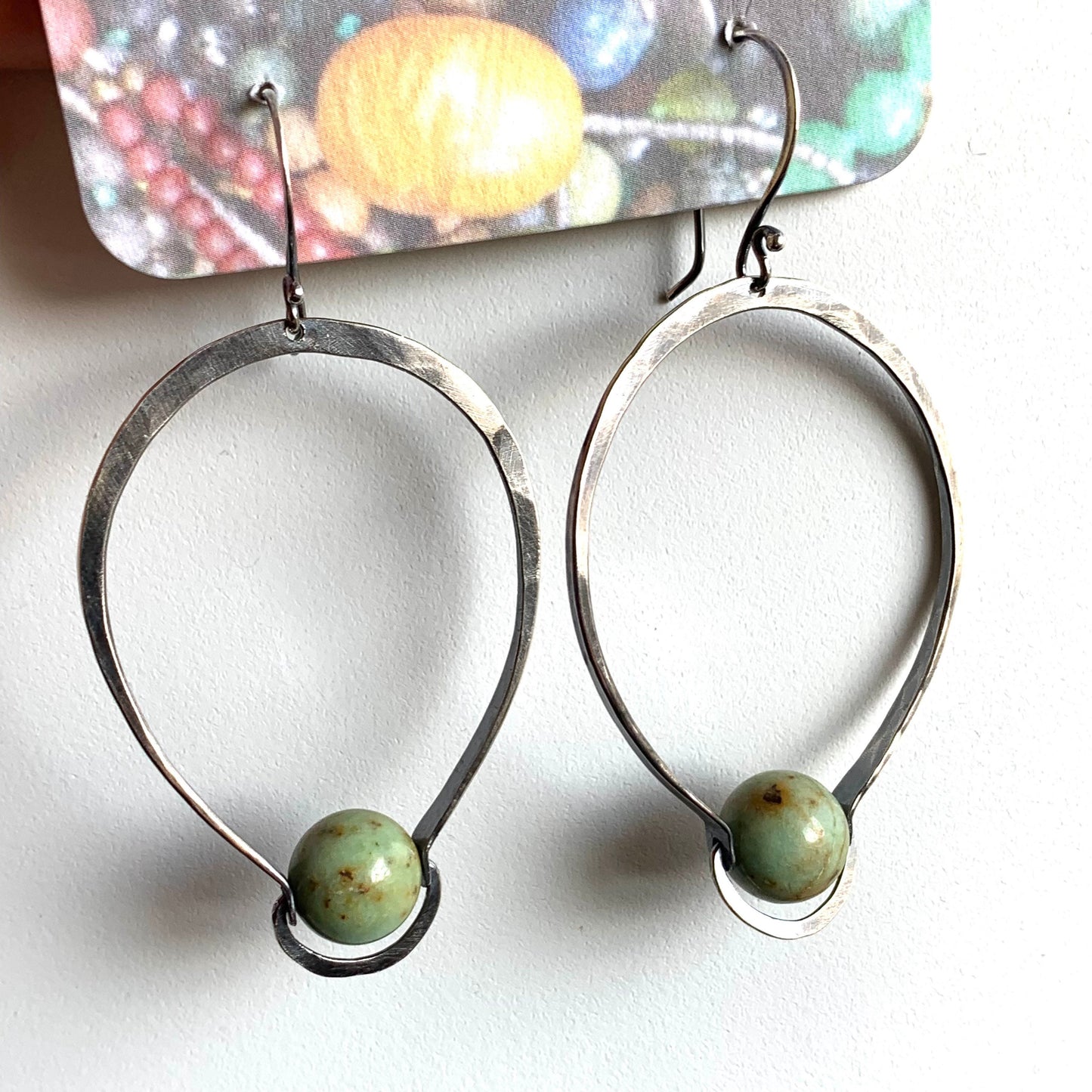 Handmade silver earrings with turquoise bead - forged sterling jewelry - one of a kind design -  silver boho style - gifts for mom - unique
