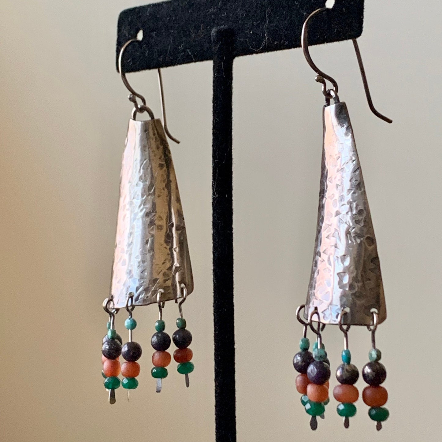 Funky chandelier earrings - boho style statement earrings - sterling and gemstone bead jewelry - forged silver dangle earrings for her