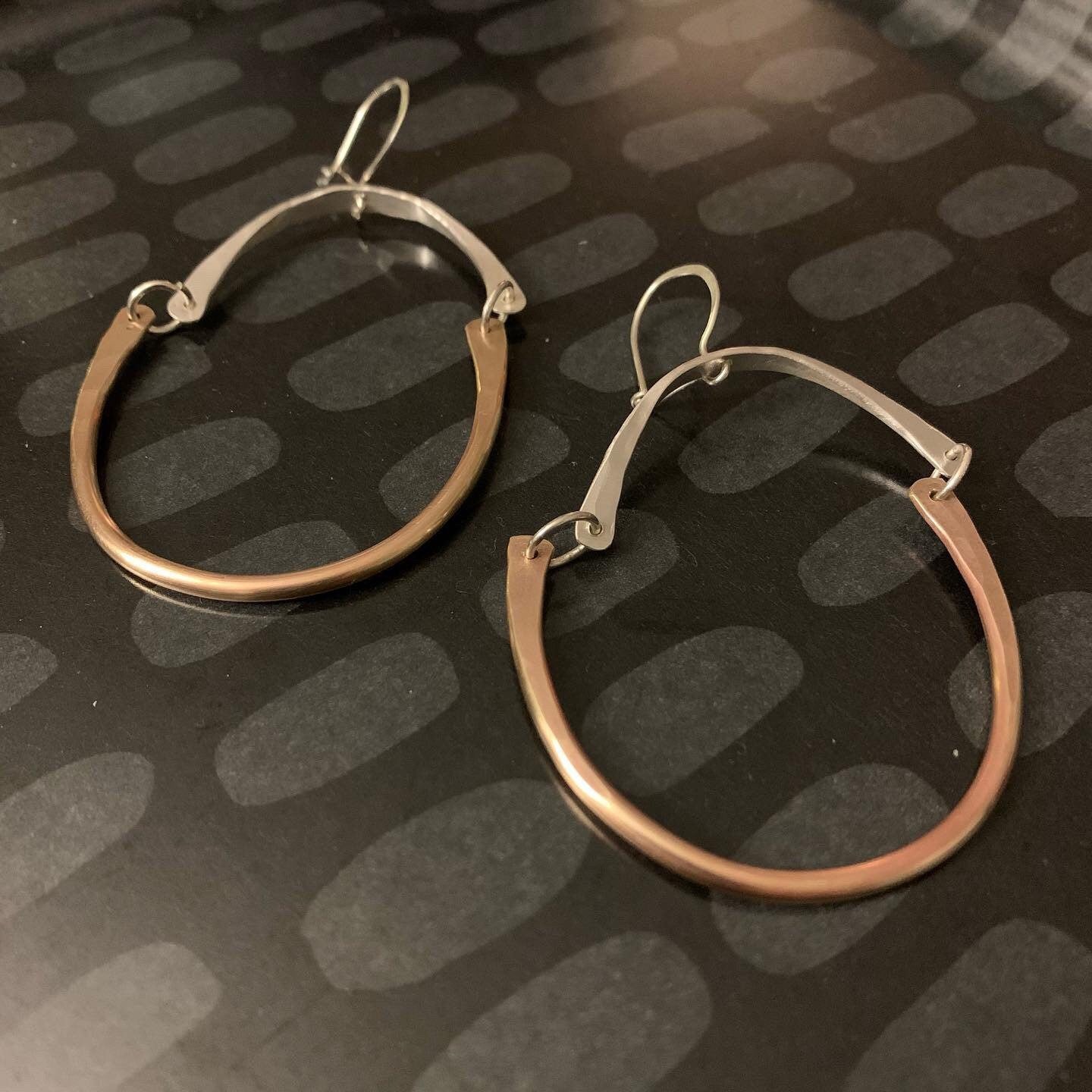 Sterling and brass hoops - handmade jewelry - boho style  - big silver hoops - hand forged metal earrings - gift for her - one of a kind