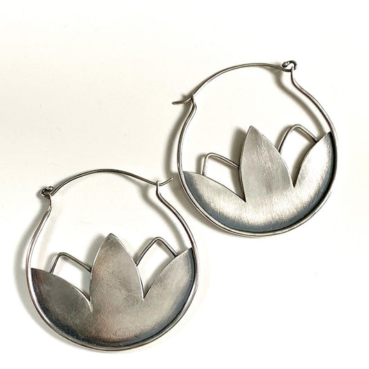 Big silver hoops with lotus flower, statement jewelry in sterling with nature theme design, handmade silver hoop earrings