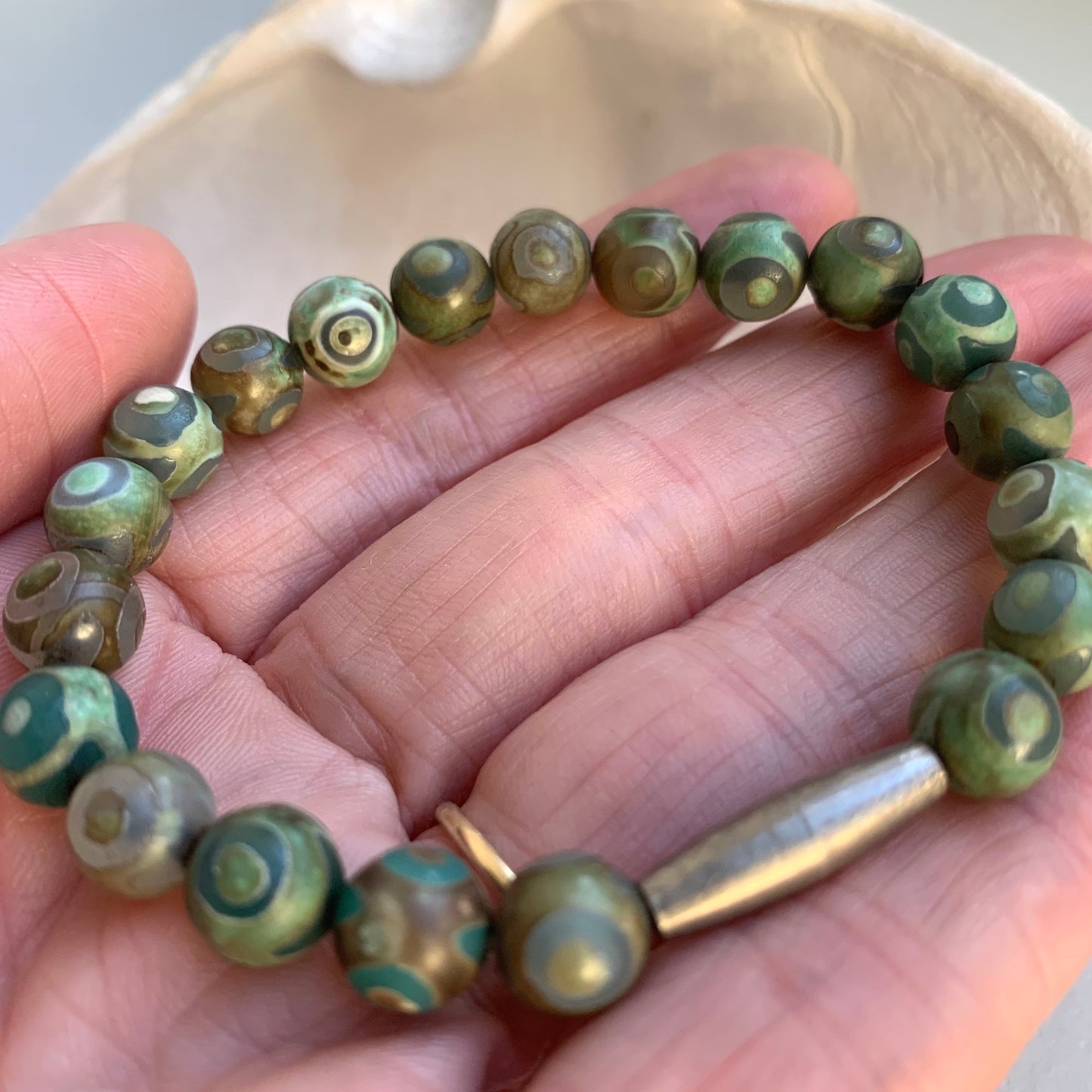 Jasper bracelet - beaded stretchy bracelet in greens and silver - yoga jewelry - mala meditation - spiritual accessory - gifts for yogis