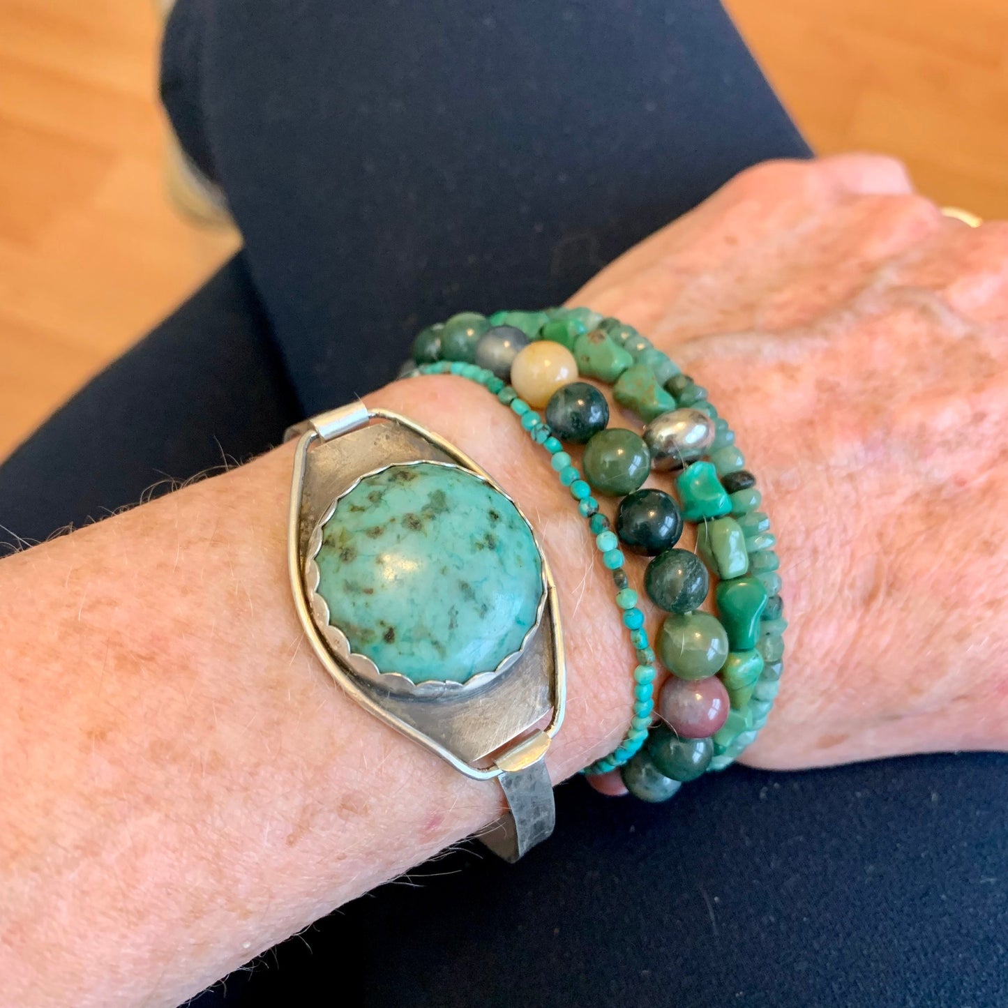 Turquoise colored feldspar stone cuff bracelet with a link closure - stone and silver power bracelet - one of a kind - handmade - statement piece for women